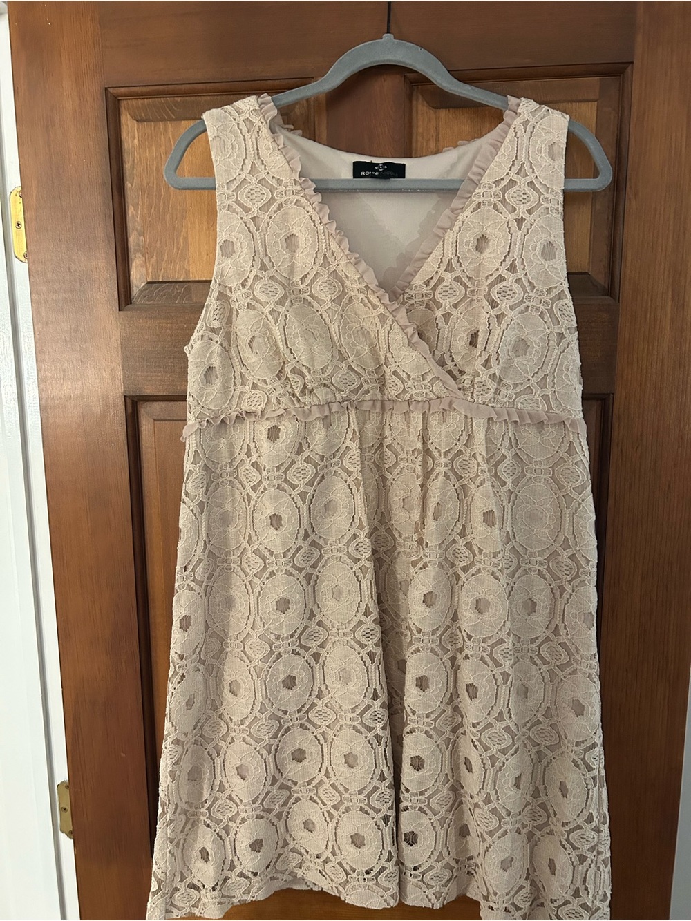Ronni Nicole Lace Overlay V-Neck Mini Dress in Light Beige